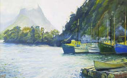Load image into Gallery viewer, Boats at Milford Sound, early morning light
